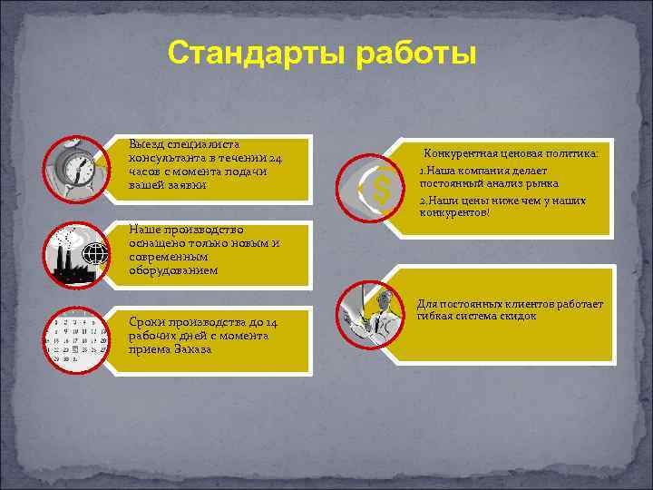 Стандарты работы Выезд специалиста консультанта в течении 24 часов с момента подачи вашей заявки