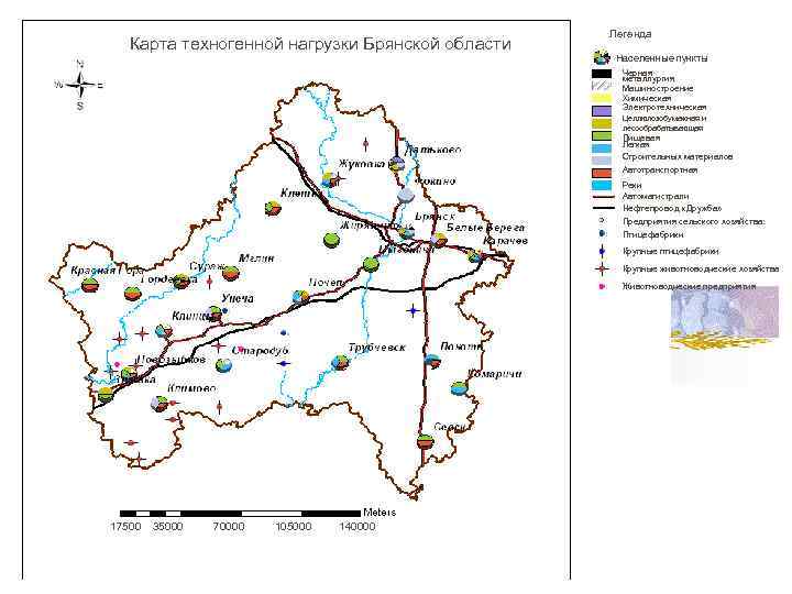 Карта техногенной нагрузки Брянской области Легенда Населенные пункты Черная металлургия Машиностроение Химическая Электротехническая Целлюлозобумажная