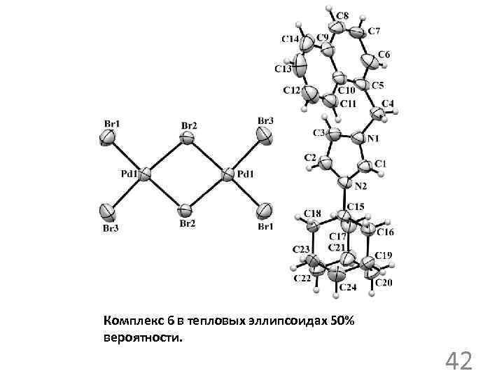 Комплекс 6 в тепловых эллипсоидах 50% вероятности. 42 