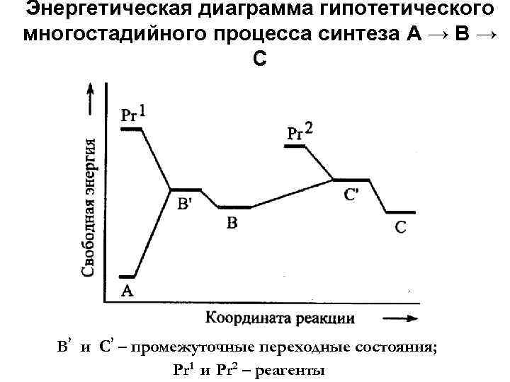 Энергетическая диаграмма гипотетического многостадийного процесса синтеза A → B → C B’ и C’