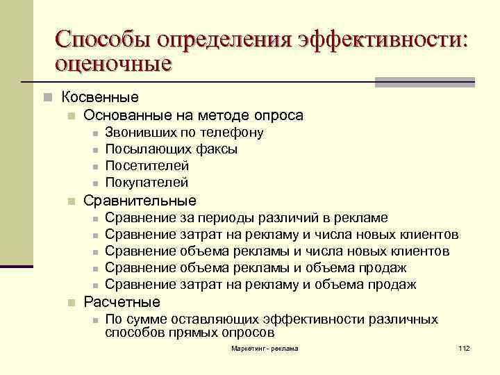 Способы определения эффективности: оценочные n Косвенные n Основанные на методе опроса n n n