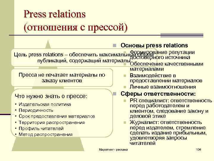 Press relations (отношения с прессой) n Основы press relations n Формирование репутации Цель press