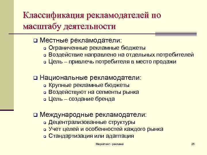 Классификация рекламодателей по масштабу деятельности q Местные рекламодатели: q q Национальные рекламодатели: q q