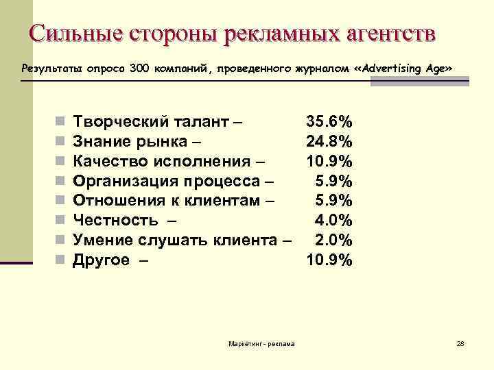 Сильные стороны рекламных агентств Результаты опроса 300 компаний, проведенного журналом «Advertising Age» n n