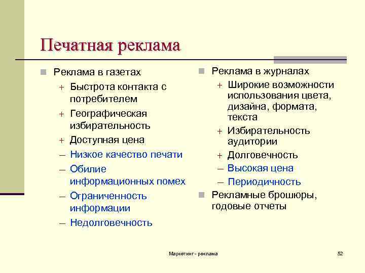 Печатная реклама n Реклама в журналах n Реклама в газетах + + + ―