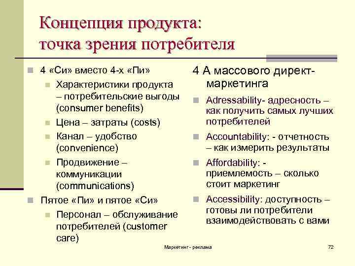 Концепция продукта: точка зрения потребителя n 4 «Си» вместо 4 -х «Пи» Характеристики продукта