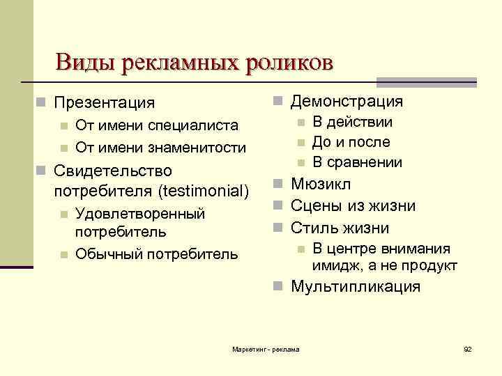 Виды рекламных роликов n Презентация n От имени специалиста n От имени знаменитости n