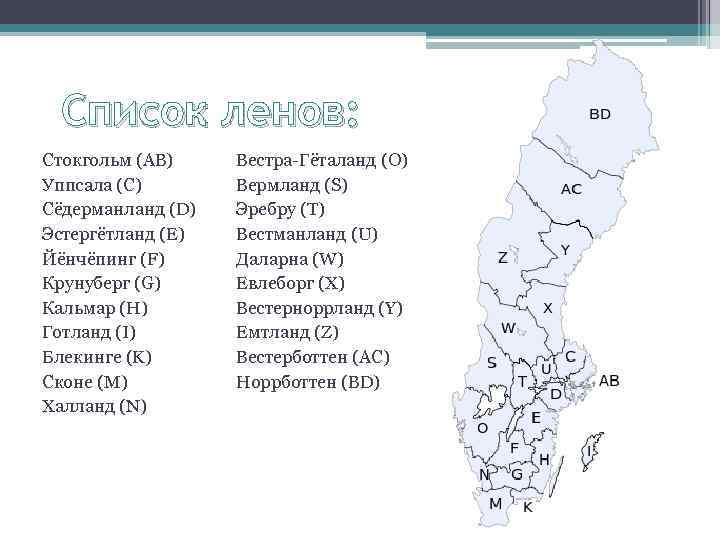 Список ленов: Стокгольм (AB) Уппсала (C) Сёдерманланд (D) Эстергётланд (E) Йёнчёпинг (F) Крунуберг (G)