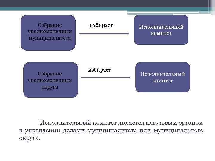 Собрание уполномоченных муниципалитета Собрание уполномоченных округа избирает Исполнительный комитет является ключевым органом в управлении