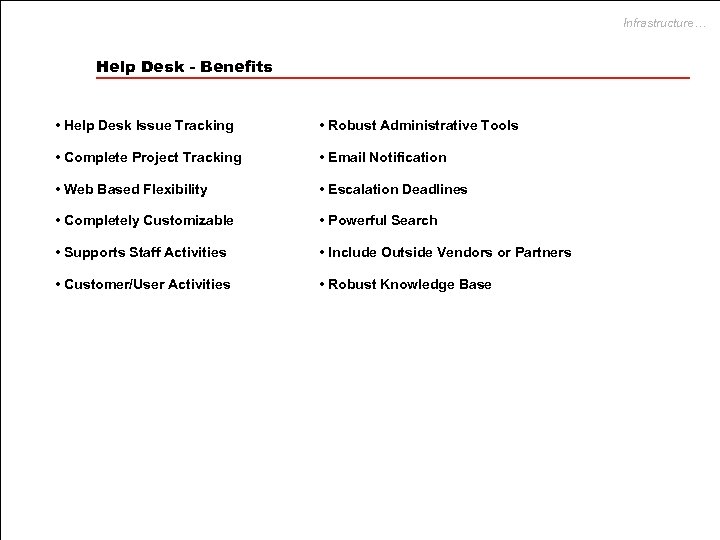 Infrastructure… Help Desk - Benefits • Help Desk Issue Tracking • Robust Administrative Tools