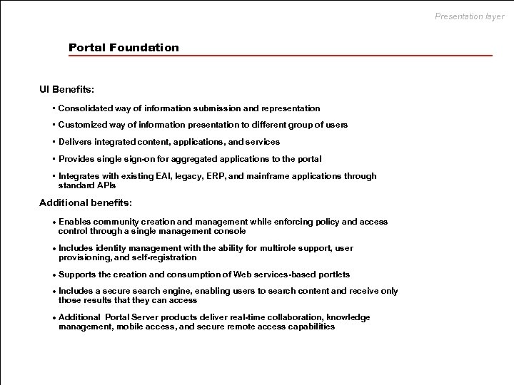 Presentation layer Portal Foundation UI Benefits: • Consolidated way of information submission and representation