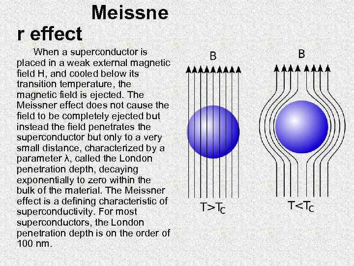 r effect Meissne When a superconductor is placed in a weak external magnetic field