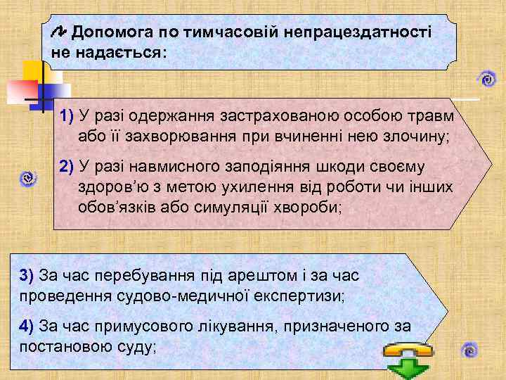 Допомога по тимчасовій непрацездатності не надається: 1) У разі одержання застрахованою особою травм або