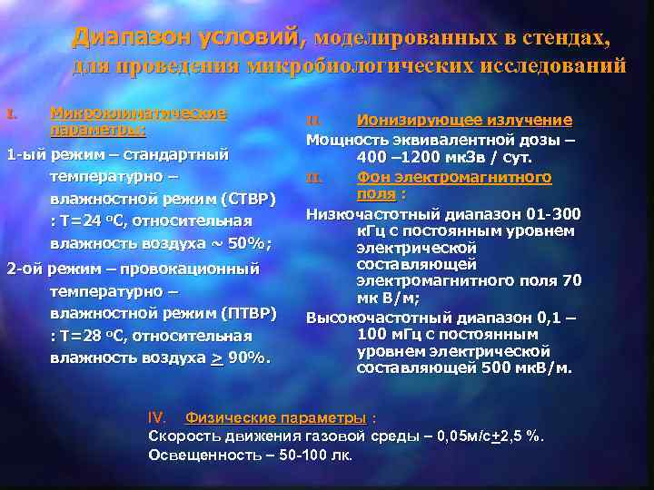 Диапазон условий, моделированных в стендах, для проведения микробиологических исследований I. Микроклиматические параметры: 1 -ый