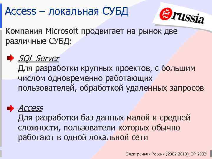 Access – локальная СУБД Компания Microsoft продвигает на рынок две различные СУБД: SQL Server