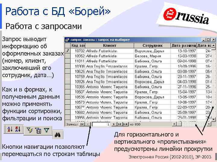 Работа с БД «Борей» Работа с запросами Запрос выводит информацию об оформленных заказах (номер,