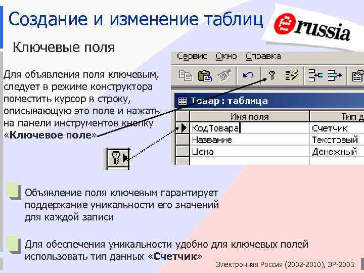 Создание и изменение таблиц Ключевые поля Для объявления поля ключевым, следует в режиме конструктора