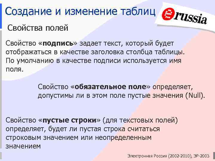 Создание и изменение таблиц Свойства полей Свойство «подпись» задает текст, который будет отображаться в