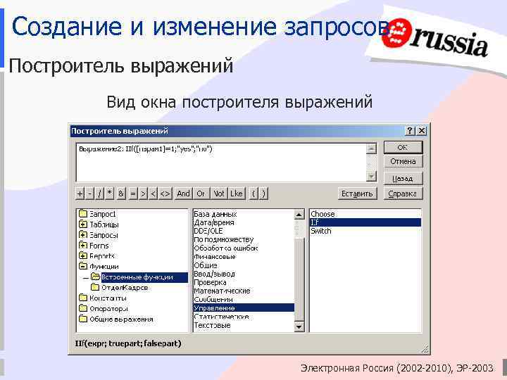 Создание и изменение запросов Построитель выражений Вид окна построителя выражений Электронная Россия (2002 -2010),