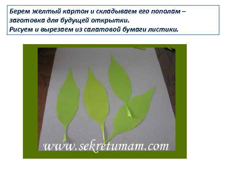 Берем желтый картон и складываем его пополам – заготовка для будущей открытки. Рисуем и