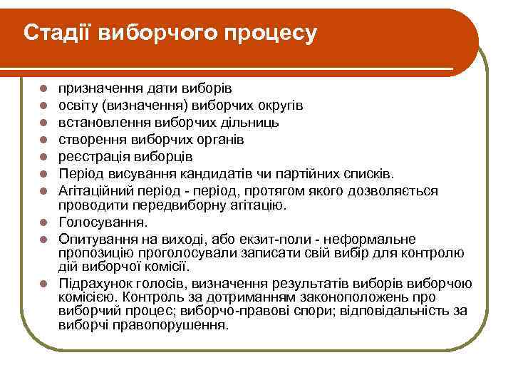 Стадії виборчого процесу призначення дати виборів освіту (визначення) виборчих округів встановлення виборчих дільниць створення