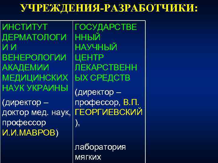 УЧРЕЖДЕНИЯ-РАЗРАБОТЧИКИ: ИНСТИТУТ ДЕРМАТОЛОГИ ИИ ВЕНЕРОЛОГИИ АКАДЕМИИ МЕДИЦИНСКИХ НАУК УКРАИНЫ ГОСУДАРСТВЕ ННЫЙ НАУЧНЫЙ ЦЕНТР ЛЕКАРСТВЕНН