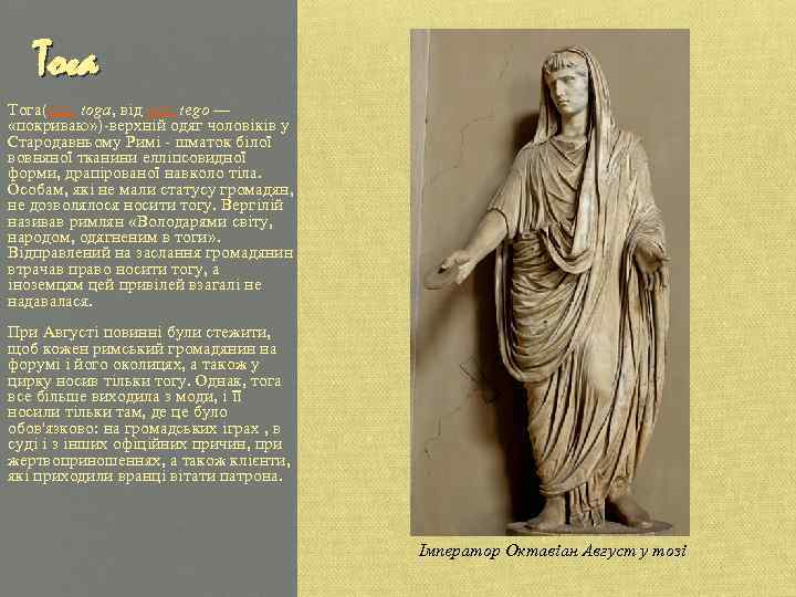 Тога(лат. toga, від лат. tego — «покриваю» )-верхній одяг чоловіків у Стародавньому Римі -