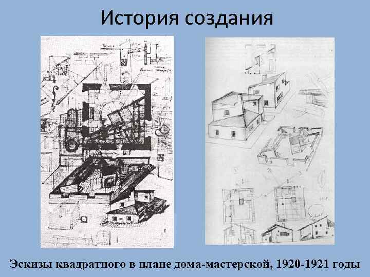 История создания Эскизы квадратного в плане дома-мастерской, 1920 -1921 годы 