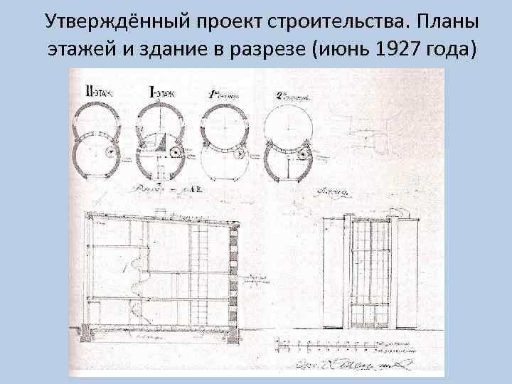 Утверждённый проект строительства. Планы этажей и здание в разрезе (июнь 1927 года) 