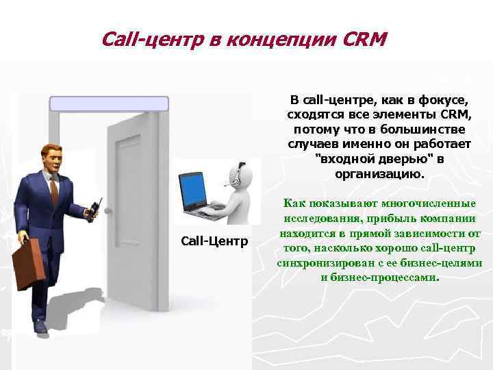 Call-центр в концепции CRM В сall-центре, как в фокусе, сходятся все элементы CRM, потому
