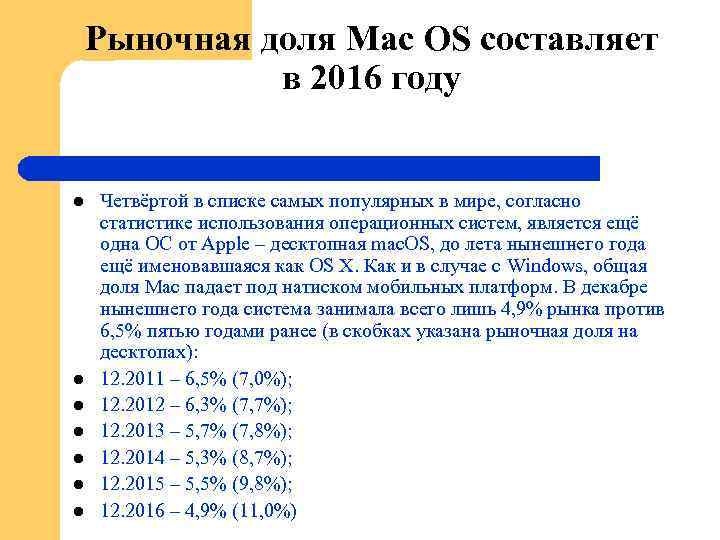 Рыночная доля Мac OS составляет в 2016 году l l l l Четвёртой в