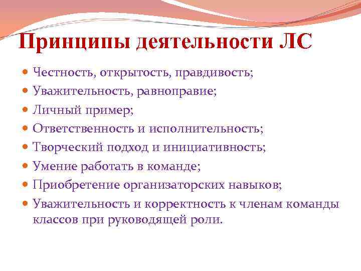 Принципы деятельности ЛС Честность, открытость, правдивость; Уважительность, равноправие; Личный пример; Ответственность и исполнительность; Творческий