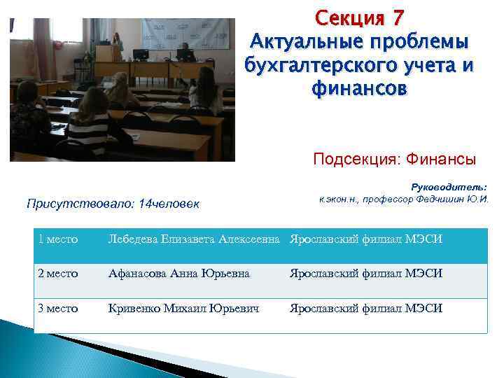 Секция 7 Актуальные проблемы бухгалтерского учета и финансов Подсекция: Финансы Присутствовало: 14 человек Руководитель: