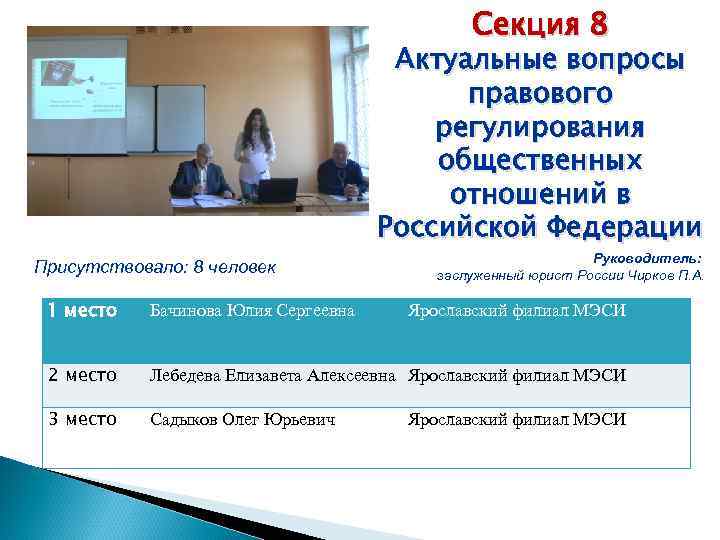 Секция 8 Актуальные вопросы правового регулирования общественных отношений в Российской Федерации Присутствовало: 8 человек