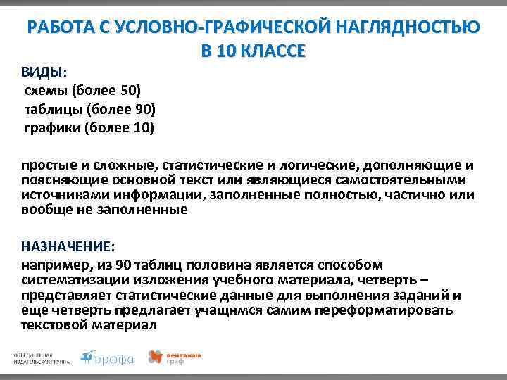 РАБОТА С УСЛОВНО-ГРАФИЧЕСКОЙ НАГЛЯДНОСТЬЮ В 10 КЛАССЕ ВИДЫ: схемы (более 50) таблицы (более 90)