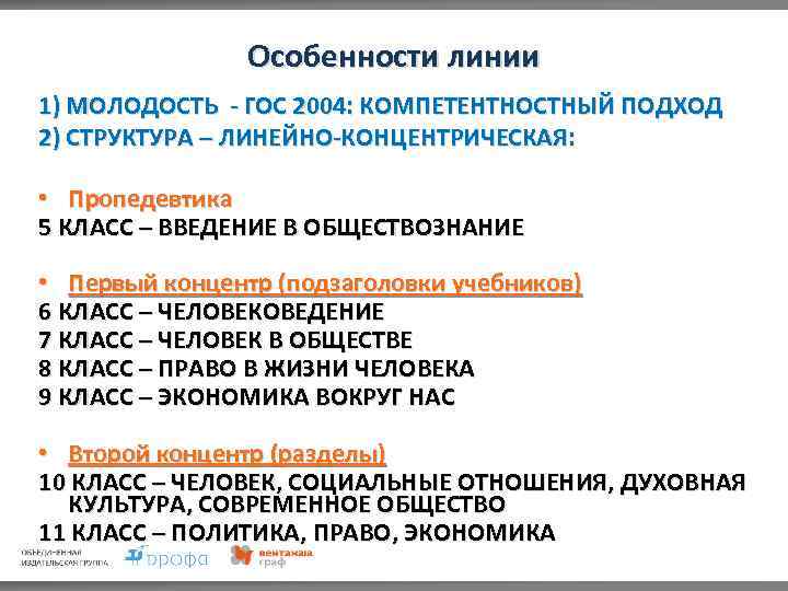 Особенности линии 1) МОЛОДОСТЬ - ГОС 2004: КОМПЕТЕНТНОСТНЫЙ ПОДХОД 2) СТРУКТУРА – ЛИНЕЙНО-КОНЦЕНТРИЧЕСКАЯ: •