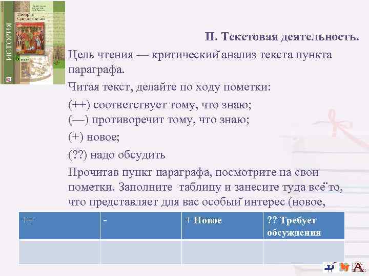 ++ II. Текстовая деятельность. Цель чтения — критическии анализ текста пункта параграфа. Читая текст,