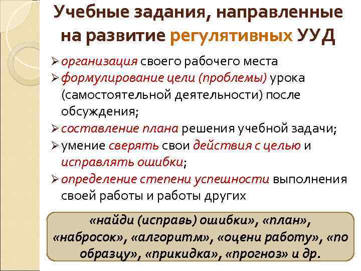 Учебные задания, направленные на развитие регулятивных УУД Ø организация своего рабочего места Ø формулирование