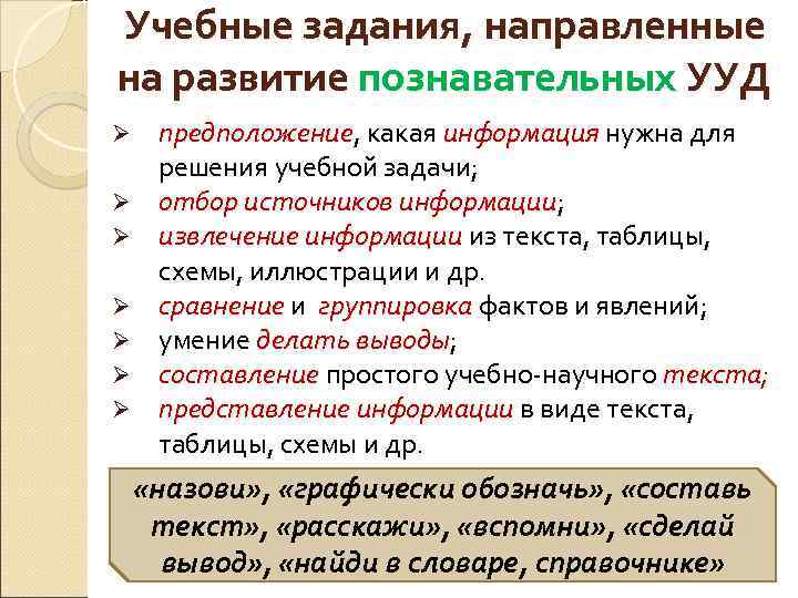 Учебные задания, направленные на развитие познавательных УУД Ø Ø Ø Ø предположение, какая информация