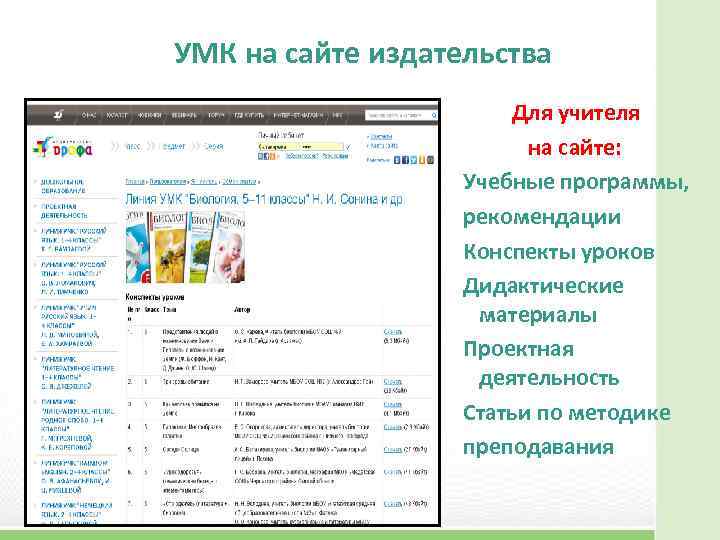 УМК на сайте издательства Для учителя на сайте: Учебные программы, рекомендации Конспекты уроков Дидактические