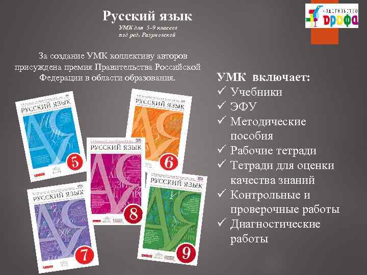 Русский язык УМК для 5– 9 классов под ред. Разумовской За создание УМК коллективу