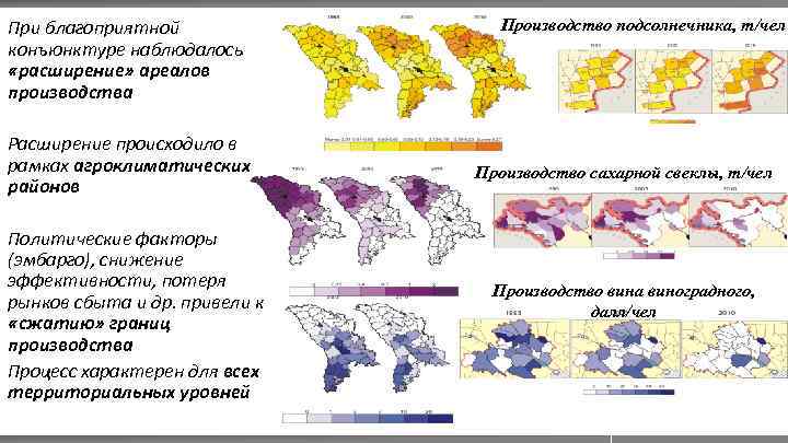 При благоприятной конъюнктуре наблюдалось «расширение» ареалов производства Расширение происходило в рамках агроклиматических районов Политические