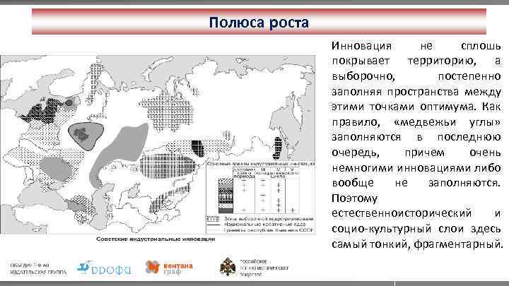 Полюса роста Инновация не сплошь покрывает территорию, а выборочно, постепенно заполняя пространства между этими