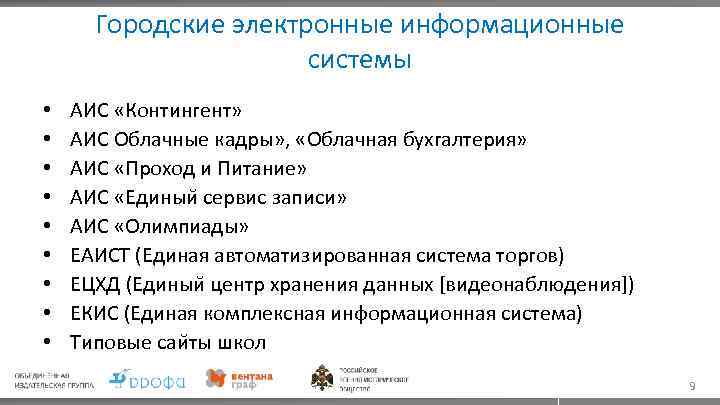 Городские электронные информационные системы • • • АИС «Контингент» АИС Облачные кадры» , «Облачная