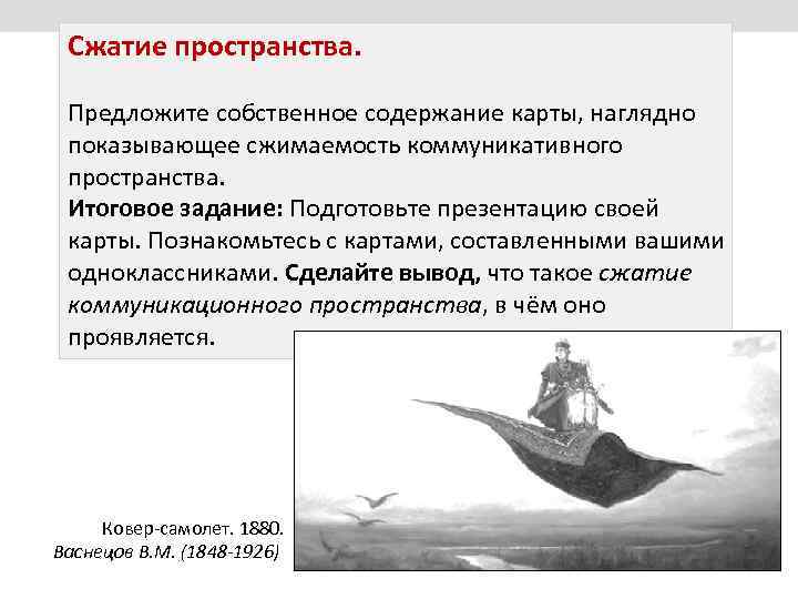 Сжатие пространства. Предложите собственное содержание карты, наглядно показывающее сжимаемость коммуникативного пространства. Итоговое задание: Подготовьте