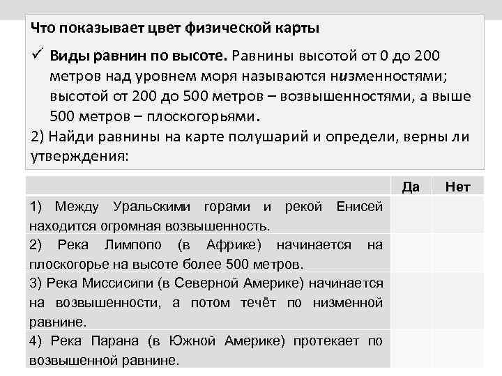 Что показывает цвет физической карты ü Виды равнин по высоте. Равнины высотой от 0