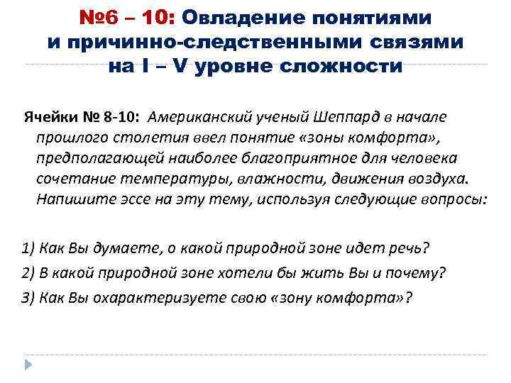 № 6 – 10: Овладение понятиями и причинно-следственными связями на I – V уровне