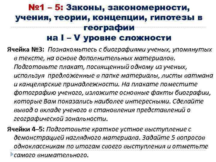 № 1 – 5: Законы, закономерности, учения, теории, концепции, гипотезы в географии на I