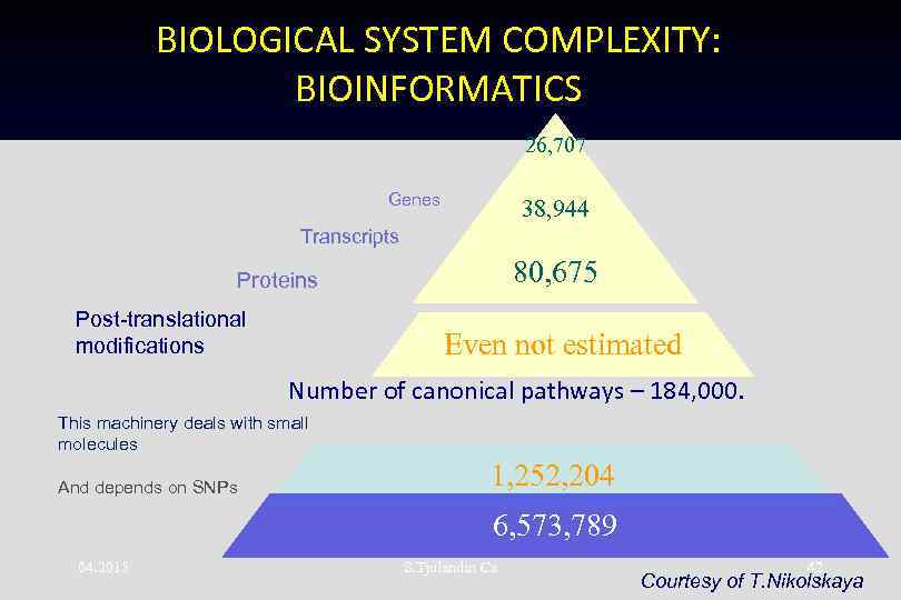 BIOLOGICAL SYSTEM COMPLEXITY: BIOINFORMATICS 26, 707 Genes 38, 944 Transcripts 80, 675 Proteins Post-translational