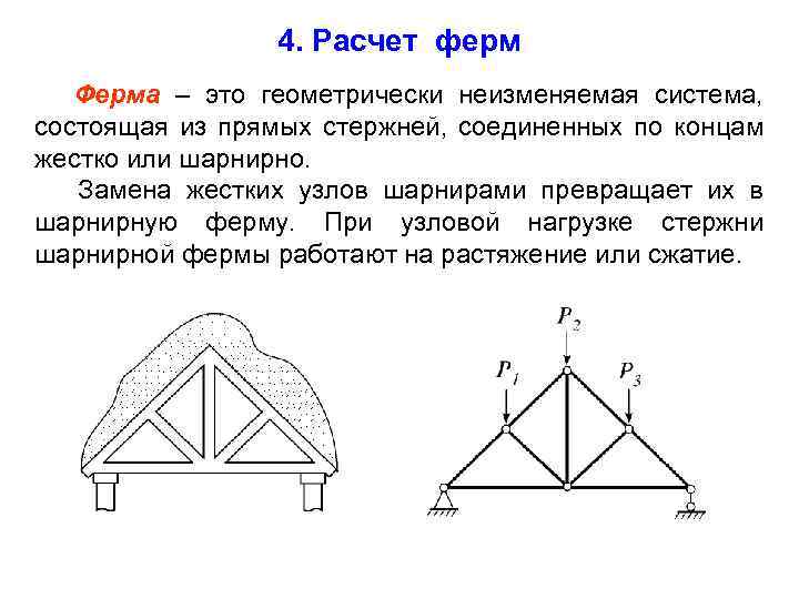 4. Расчет ферм Ферма – это геометрически неизменяемая система, состоящая из прямых стержней, соединенных